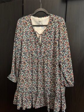 J. Crew Floral Long Sleeve Dress in White with Red, Blue, and Green Floral Print
